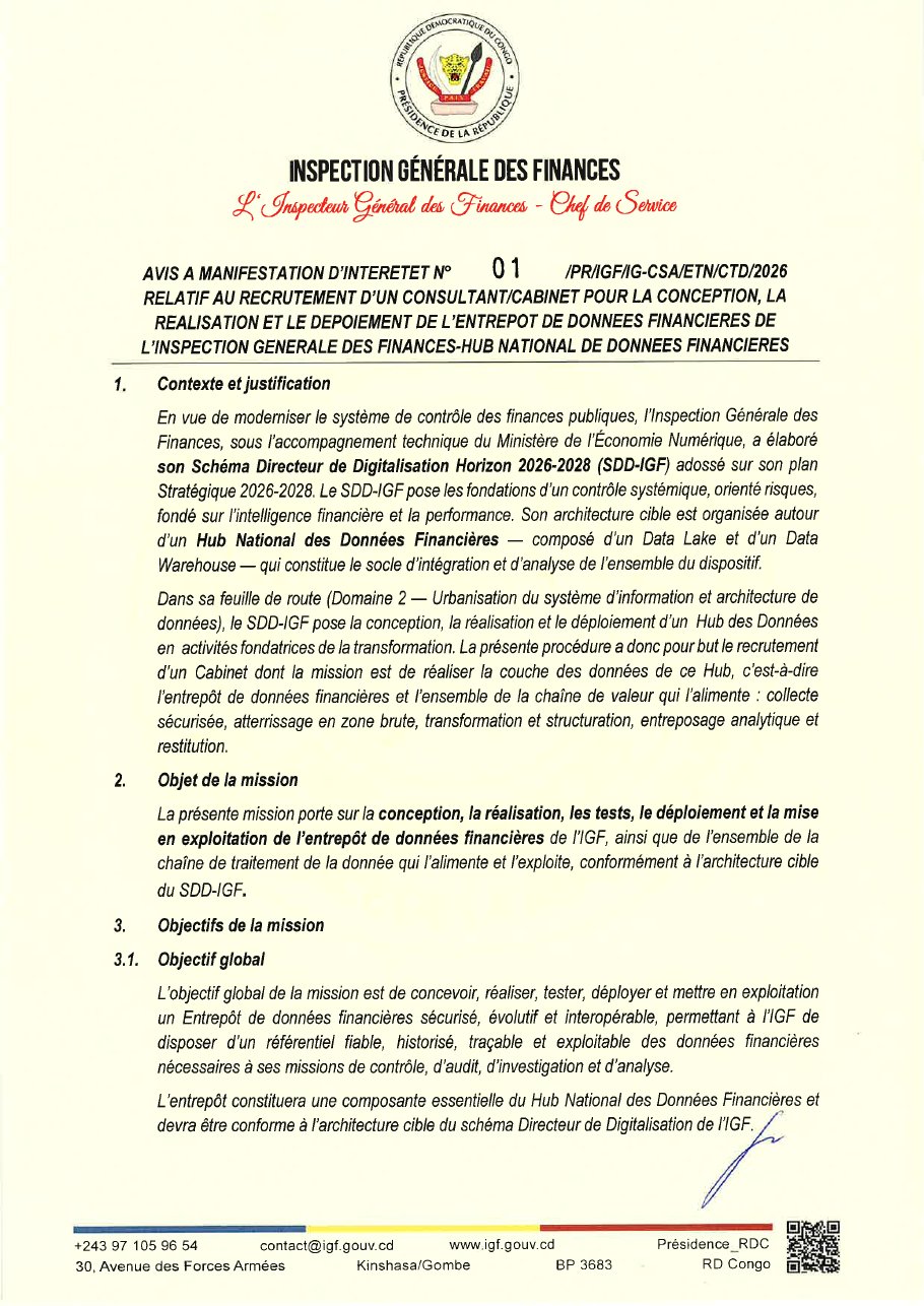 Page 1 du document joint : Digitalisation : l’IGF-RDC lance le recrutement d’un cabinet pour son Hub national de données financières