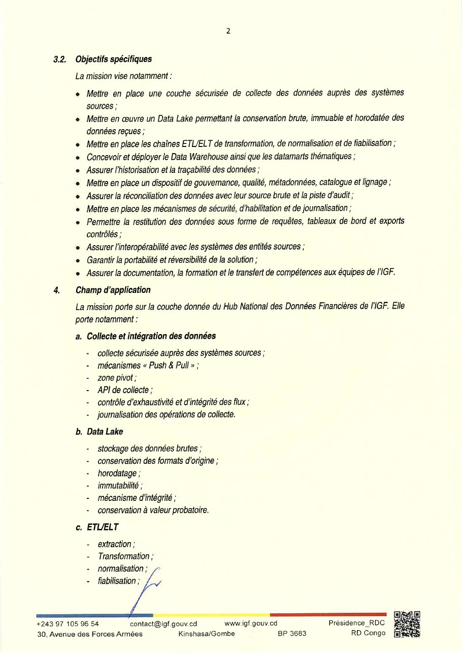 Page 2 du document joint : Digitalisation : l’IGF-RDC lance le recrutement d’un cabinet pour son Hub national de données financières