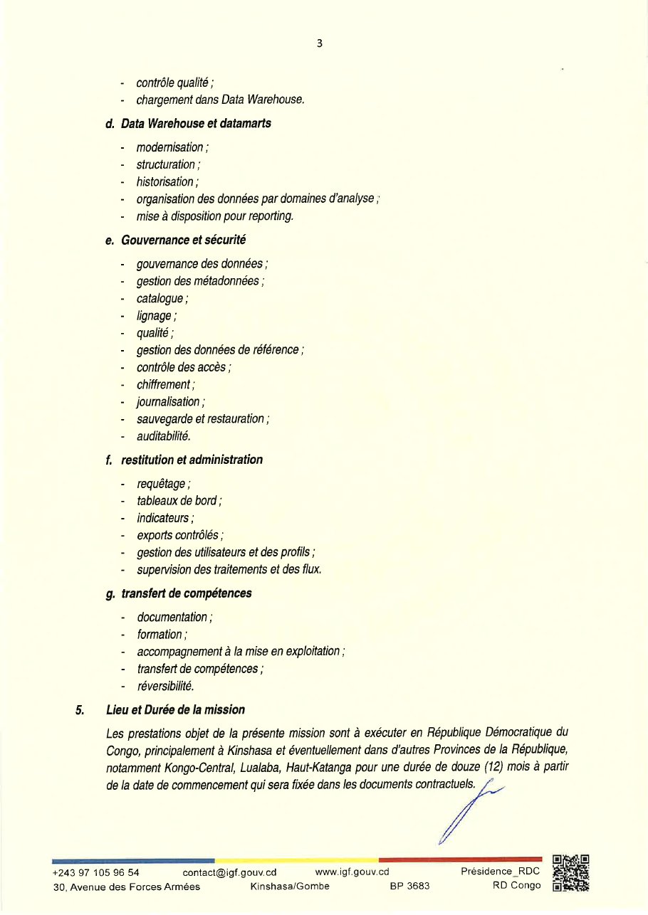 Page 3 du document joint : Digitalisation : l’IGF-RDC lance le recrutement d’un cabinet pour son Hub national de données financières