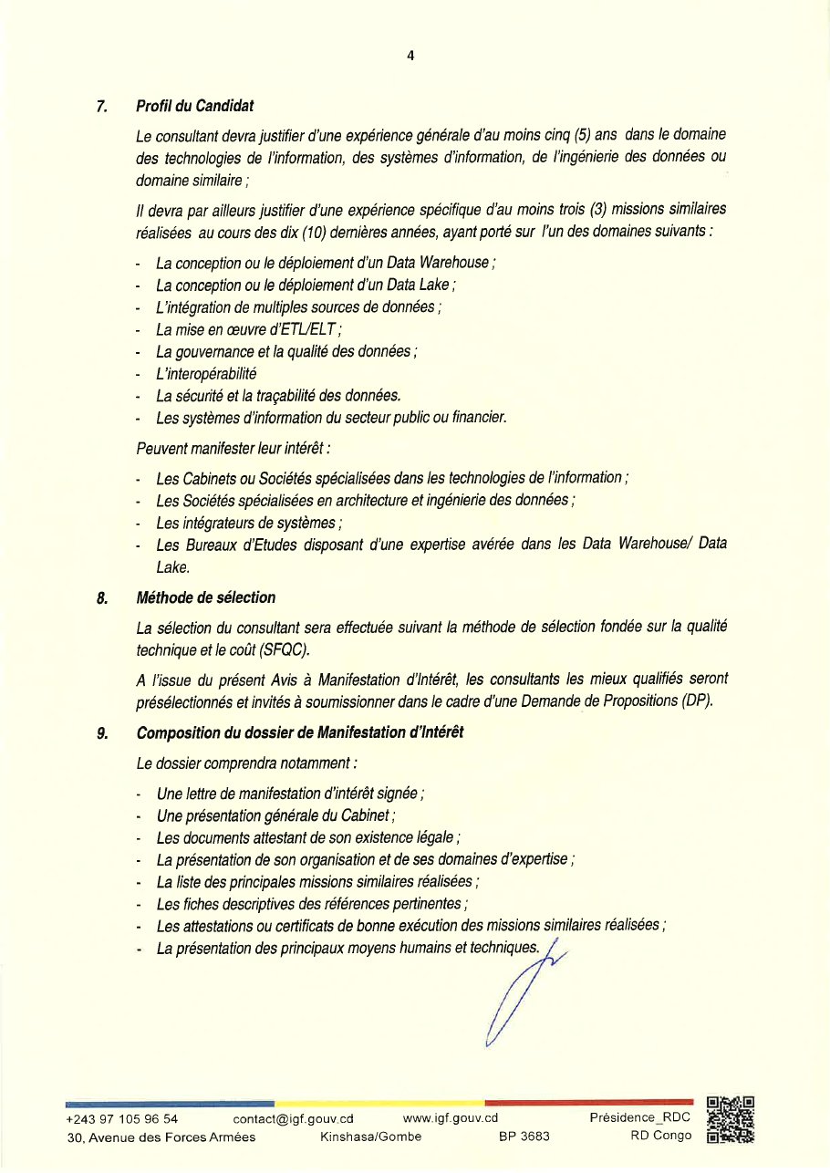 Page 4 du document joint : Digitalisation : l’IGF-RDC lance le recrutement d’un cabinet pour son Hub national de données financières
