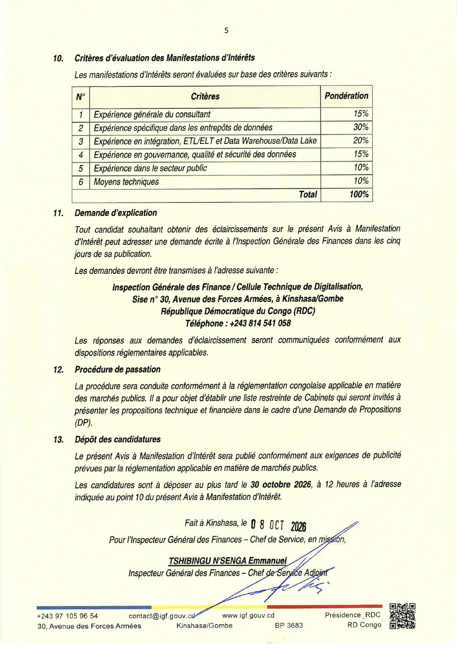 Page 5 du document joint : Digitalisation : l’IGF-RDC lance le recrutement d’un cabinet pour son Hub national de données financières